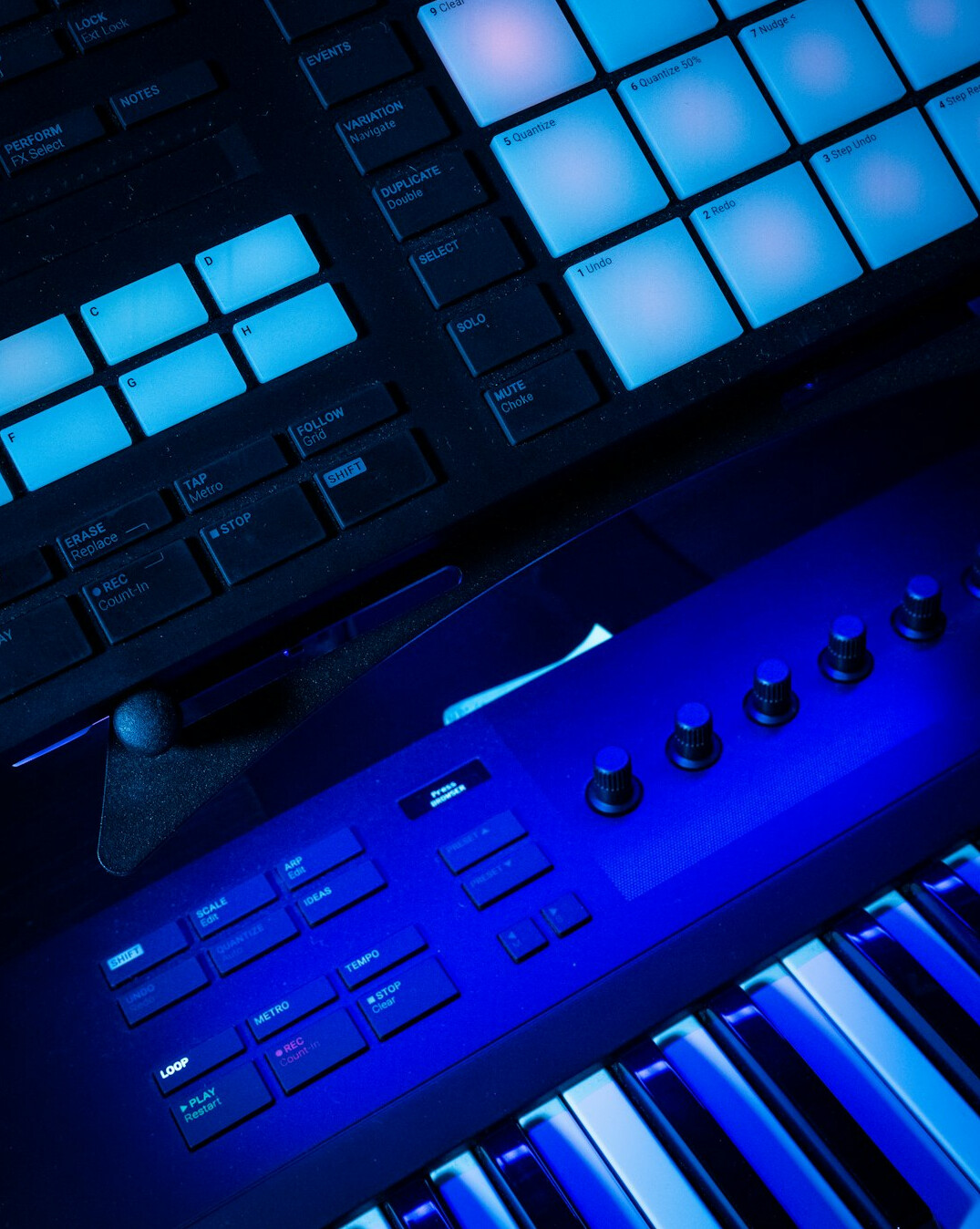Broadcast audio and video mixing desk with illuminated faders