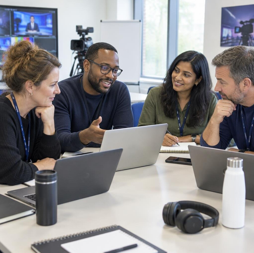 Team of broadcast trainers collaborating around a table